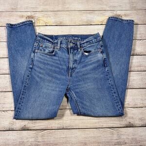American Eagle Ankle Straight Super High Rise Blue Jeans Distressed Size 0 Reg
